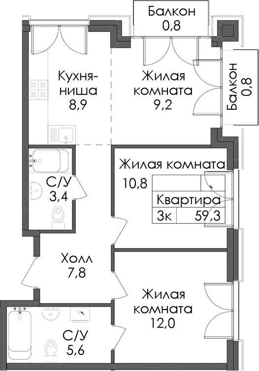 2-комнатная квартира 59.3 м², 3/7 эт., ЖК «Лермонтовский 54»